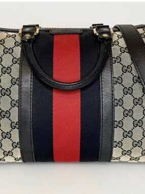 Vintage Gucci GG Canvas Web Joy Boston Bag Medium Black Leather Red Navy Stripe